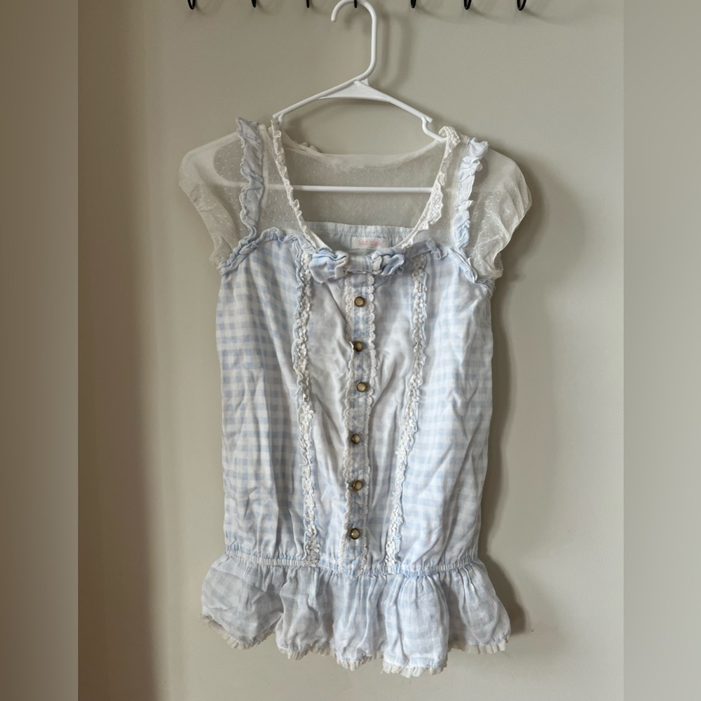 Liz Lisa Light Blue Gingham Check Short Sleeve top Japan Kawaii